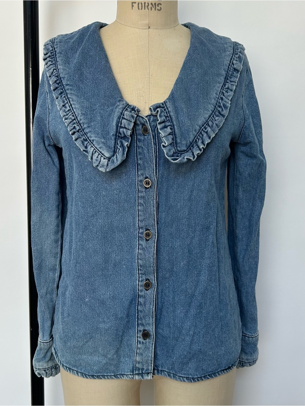 Ruffled Collar Denim Button-Up Top - Blue